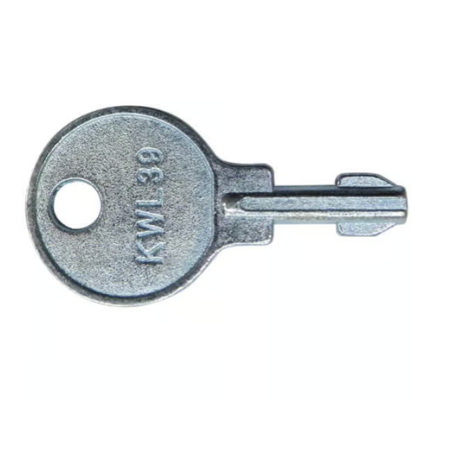 Metal key with 'KWI 39' engraving on a white background