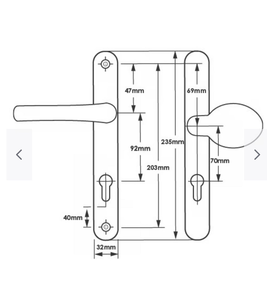 Lever Moveable Pad Offset UPVC Multipoint Door Handles - 92/70mm PZ - Sprung - 203mm Screw Centres