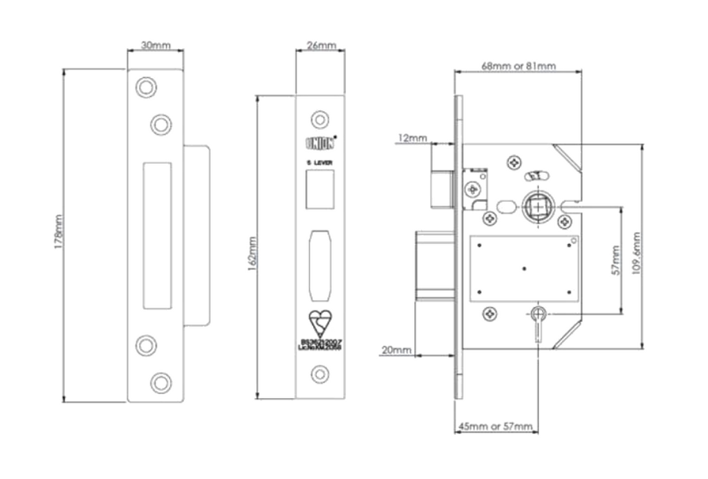 Union 2200 Strongbolt British Standard 5 Lever Mortice Sashlock