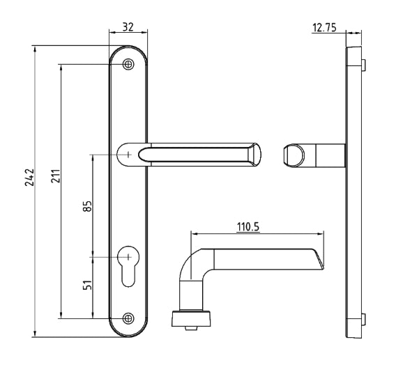 ASEC Sprung Lever/Lever Multipoint Door Handles 85mm PZ 242mm Backplate 211.5mm Fixings