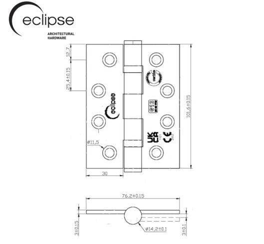 Eclipse Ball Bearing Grade 13 Butt Fire Door Hinge - 102 x 76 x 3mm - Pack of 3